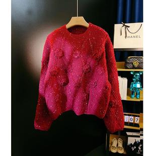 温柔风重工钉珠立体手钩花朵毛衣女套头山茶花秋冬新款针织衫上衣