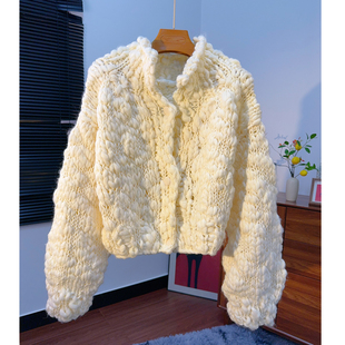 手工粗棒针针织开衫女秋冬宽松慵懒风泡泡肌理感短款毛衣外套厚款