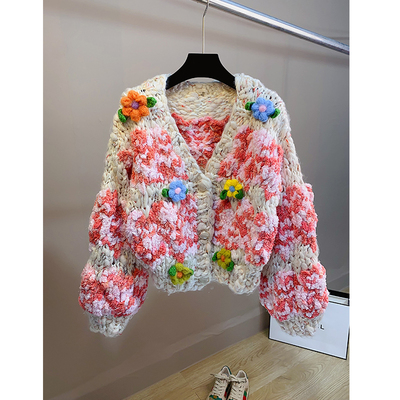 针织单排扣V领花朵开衫
