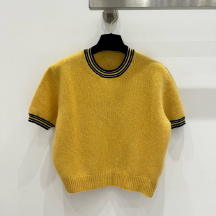 气百搭高腰短款 显白绝绝子 女减龄元 短袖 上衣 撞色条纹圆领针织衫