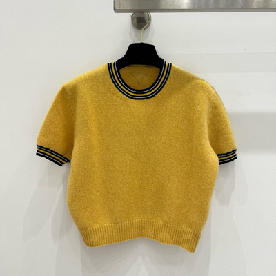 显白绝绝子！撞色条纹圆领针织衫短袖女减龄元气百搭高腰短款上衣