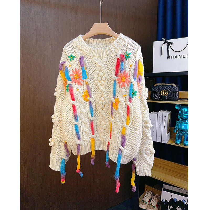 纯手工立体球球麻花绣花彩色流苏粗针毛衣女套头秋冬加厚针织衫