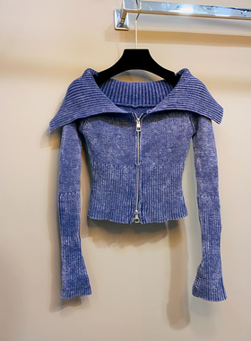 DAX 水磨复古蓝色洗水棉质面料大翻领拉链针织开衫女短款上衣秋装