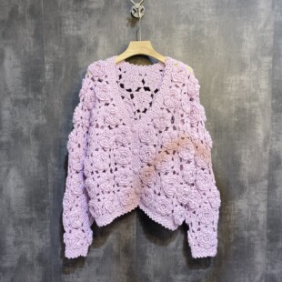 DAX！手工制作～立体玫瑰花浪漫甜美羊毛针织衫开衫女V领毛衣外套