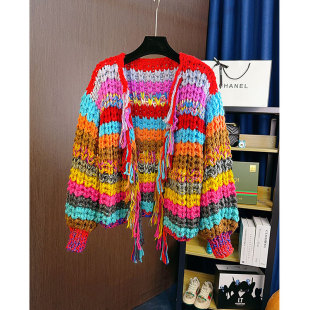 针织开衫 手工粗线棒针条纹宽松慵懒风时尚 毛衣外套女 彩虹流苏
