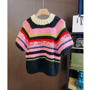 【可盐可甜】手打粗毛线彩色粗条纹撞色羊毛针织衫短袖女短款毛衣