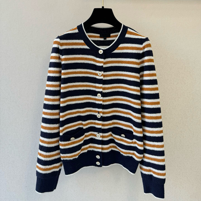 棉混纺~法式复古撞色条纹针织开衫女百搭春秋冬圆领显瘦毛衣外套