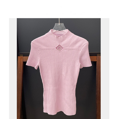 Mj早春新款女装时尚气质半高领修身短袖针织衫上衣冰丝T恤夏季