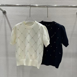 毛衣短袖 格纹镂空泡泡袖 上衣女夏季 100%纯棉纱线小香风钉钻针织衫