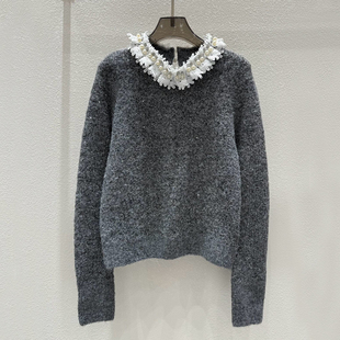 上衣 高级感精致珍珠蕾丝领灰色毛衣女针织衫 马海毛羊毛混纺