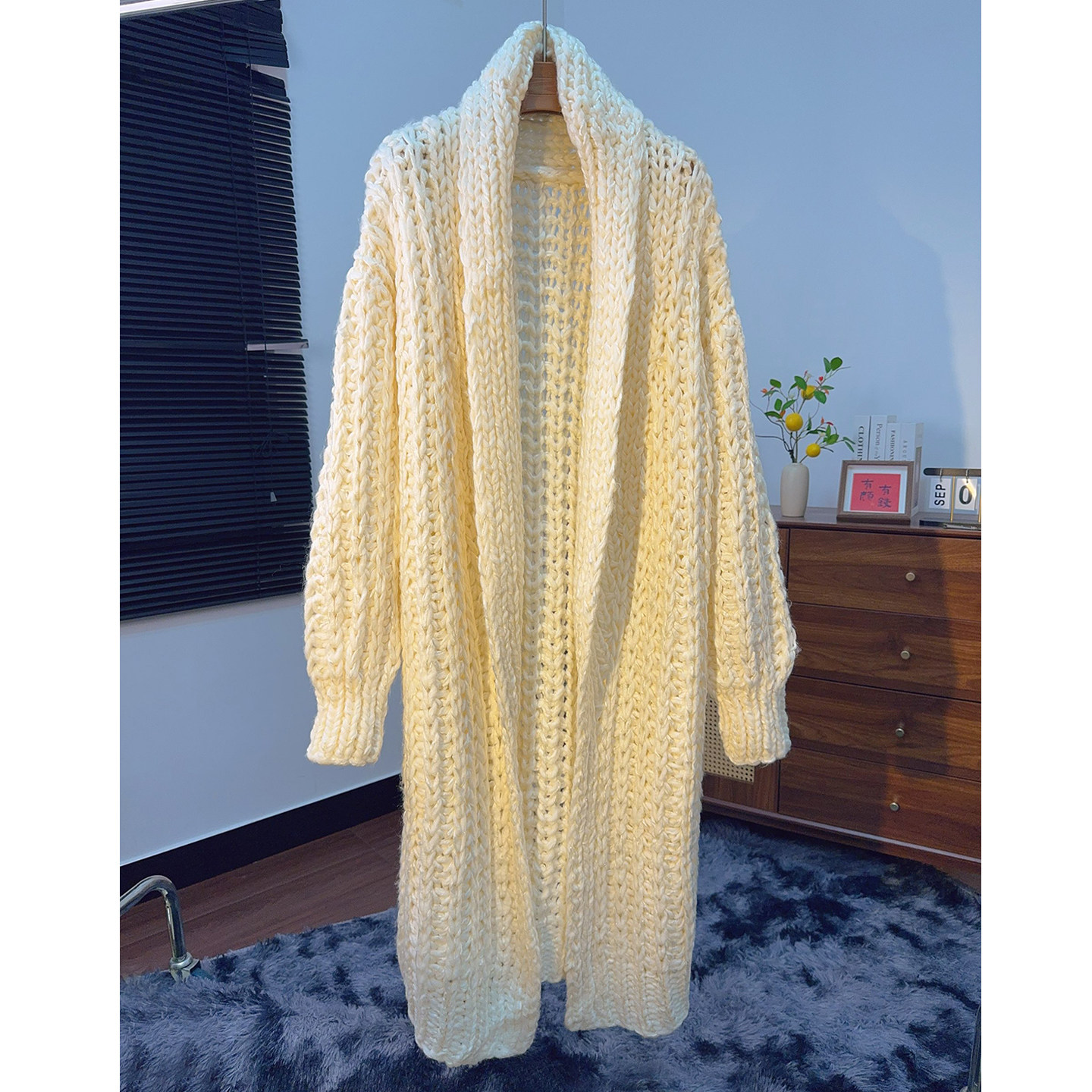 纯手工编织！手打粗毛线棒针宽松慵懒风长款针织开衫女毛衣外套厚