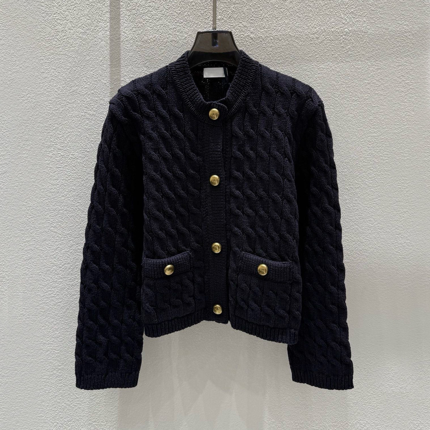 【棉混纺】藏青色麻花针织开衫女秋冬百搭复古宽松短款毛衣外套厚