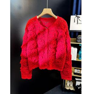 严言 | 红色毛衣手钩镂空立体玫瑰花朵羊毛针织开衫女V领春秋外搭