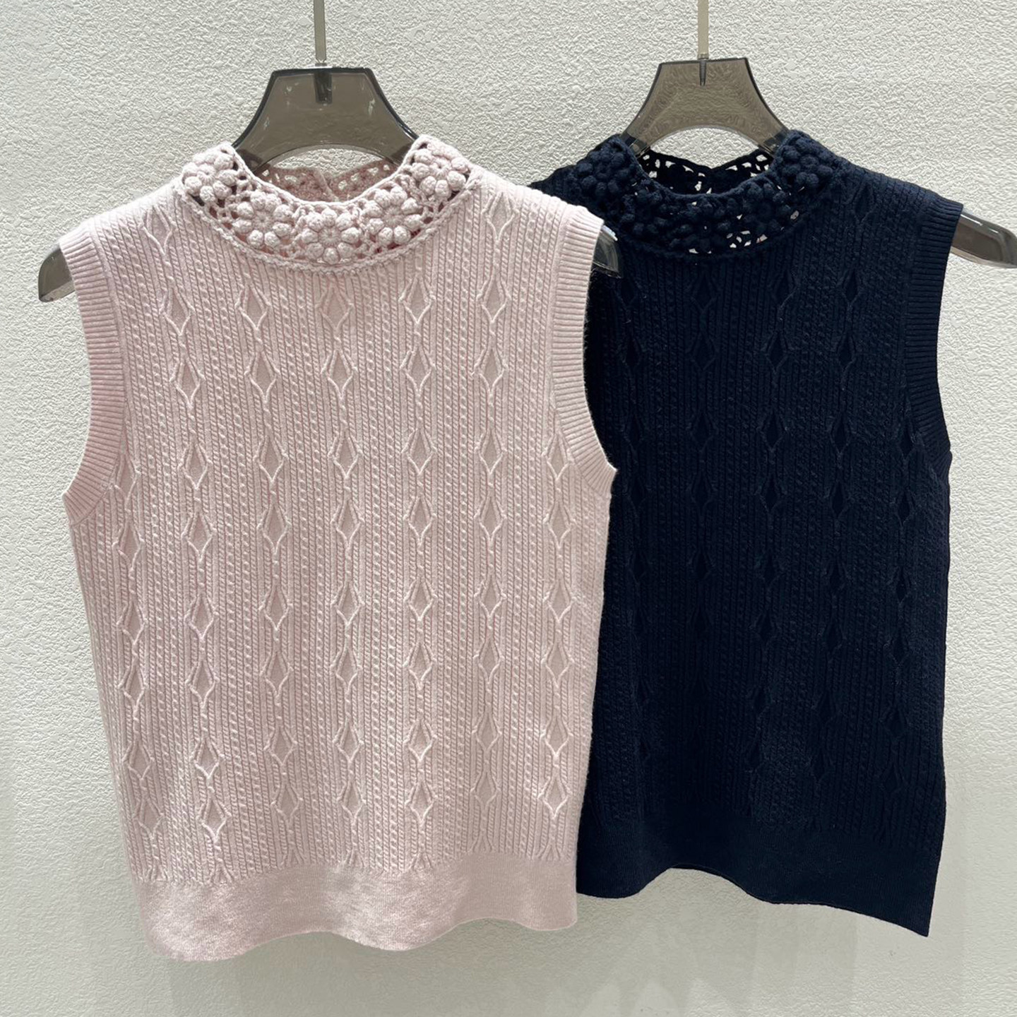 真丝羊毛 手工钩花立领针织马甲女内搭外穿叠穿菱形绞花无袖背心