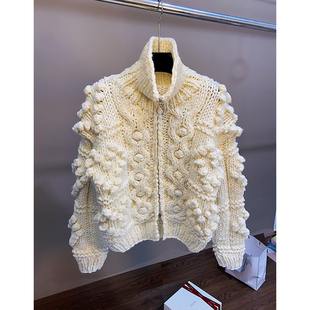 纯手工棒针粗毛线豆豆毛球麻花毛衣外套女秋冬加厚羊毛针织开衫 厚