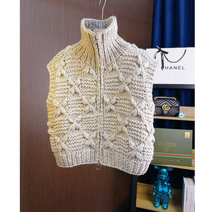 加厚纯手工编织粗棒针织毛衣马甲背心女秋冬外搭无袖拉链开衫马夹