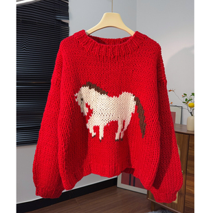 马年本命红!手工粗线编织骏马图案毛衣女厚宽松慵懒风红色针织衫