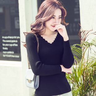 修身 长袖 深V领套头毛衣厚线衣上衣 女大码 秋冬紧身低领针织打底衫