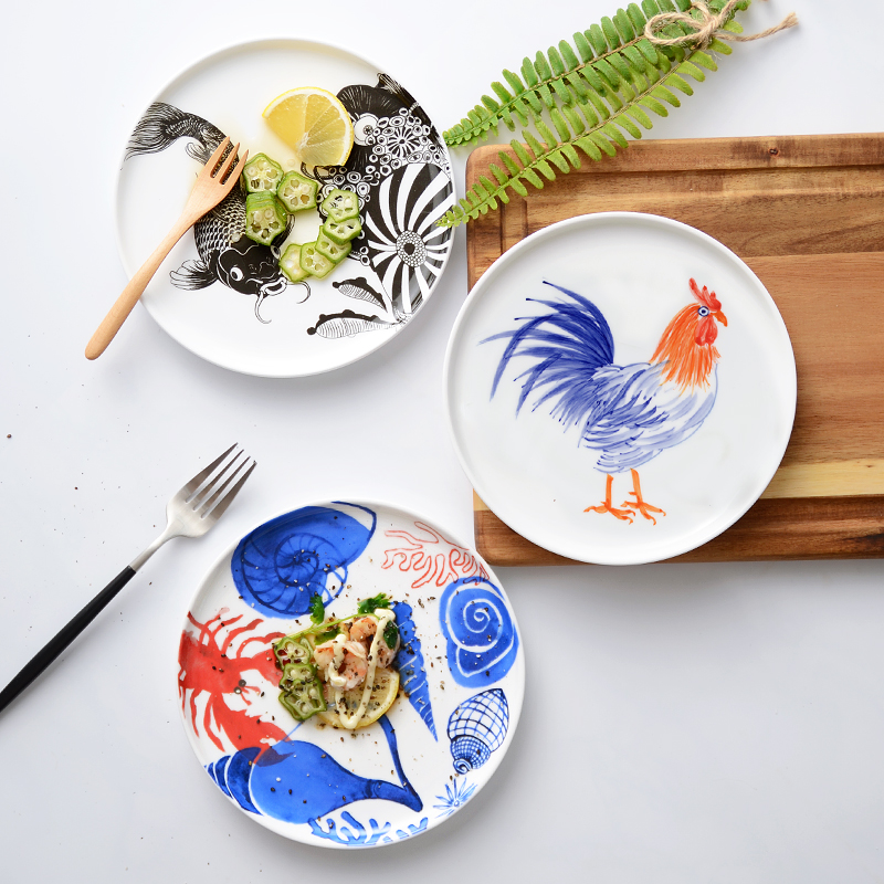 简约手绘卡通陶瓷圆盘寿司蛋糕盘挂盘北欧小清新意面盘家用平盘子