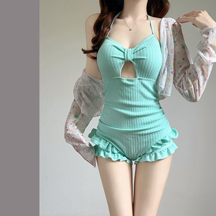 防晒两件套显瘦度假泳装 缇小夏少女泳衣女新款 连体吊带长袖