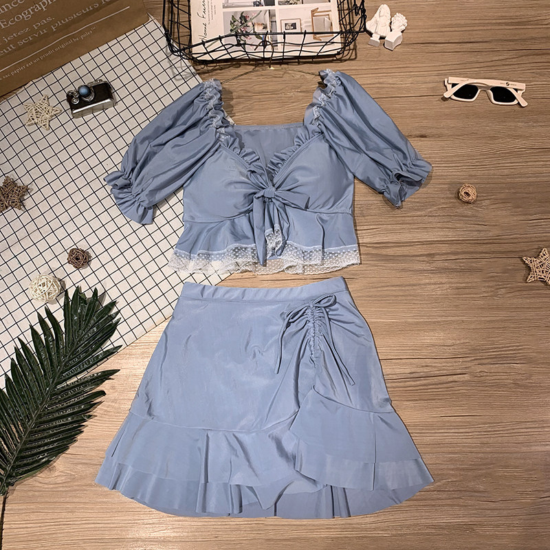 泳衣女2025新款泡温泉分体保守遮肚显瘦裙式遮肉小胸聚拢短袖泳装