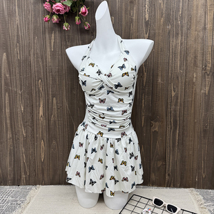 泳衣女新款 遮肉显瘦复古蝴蝶印花沙滩度假泡温泉 性感挂脖连体裙式