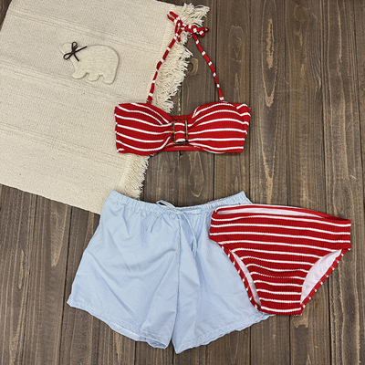 红色条纹比基尼显白性感分体泳衣