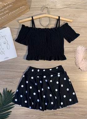 温泉泳衣女裙式黑色波点分体游泳衣韩国ins性感仙女范沙滩泳衣女