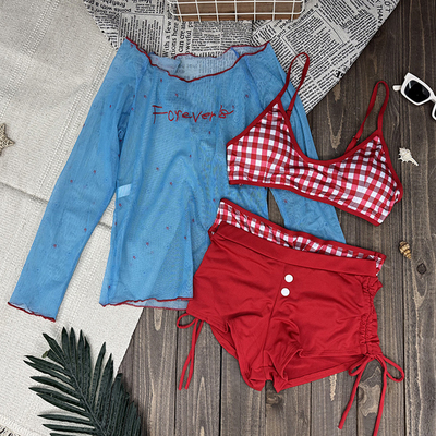 比基尼四件套一字肩防晒罩衫分体