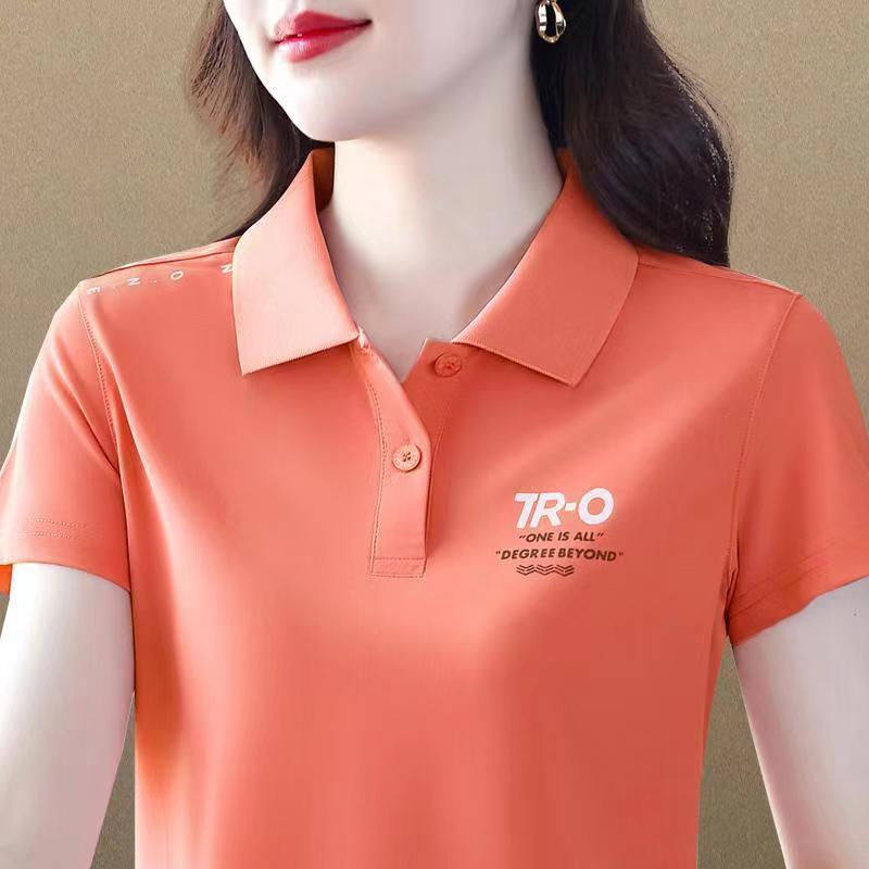 品质妈妈翻领短袖t恤女夏季新款polo中年人运动休闲上衣大码