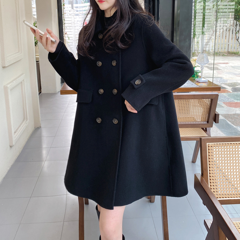黑色双面羊绒大衣女2023秋冬新款韩版中长款娃娃领呢子毛呢外套