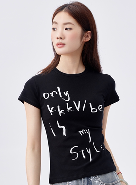 KKKVIBE美式百搭休闲基础涂鸦字母短袖正肩修身显瘦T恤女春夏辣妹