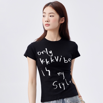 KKKVIBE美式百搭休闲基础涂鸦字母短袖正肩修身显瘦T恤女春夏辣妹