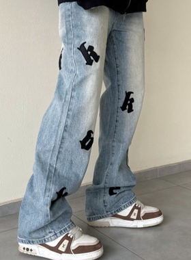 KKKVIBE美式复古字母刺绣贴布水洗微喇宽松牛仔裤男女情侣