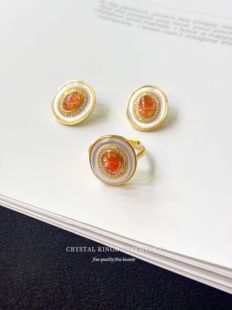 天然金太阳白蝶贝耳坠戒指s925银镶嵌裸石8*10mm高级宝石耳钉饰品