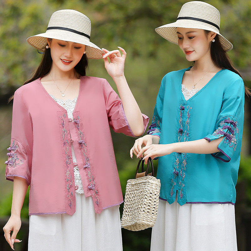 汉服刺绣t恤女天丝麻棉复古半袖小衫夏装新款中国风唐装两件套装