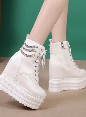 14CM超高跟鞋坡跟短靴防水台松糕厚底金属链子马丁靴白色皮面女靴