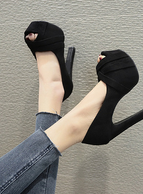 春秋季新款13cm超高跟粗跟凉鞋鱼嘴防水台时尚性感黑色百搭女凉鞋