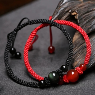 黑曜石红绳手绳手工编织男女士情侣本命年马年玛瑙转运珠手链礼物