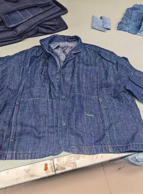 45R 风格深蓝牛仔外套女宽松显瘦棉麻混纺日系慵懒风工装衬衫外套