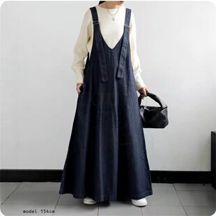 字连衣裙 韩系休闲牛仔背带长裙 可调节肩带宽松遮肉大摆