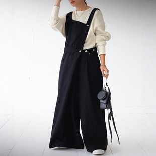 很有个性很另类日本贵牌慵懒时尚感不对称黑色牛仔背带裤