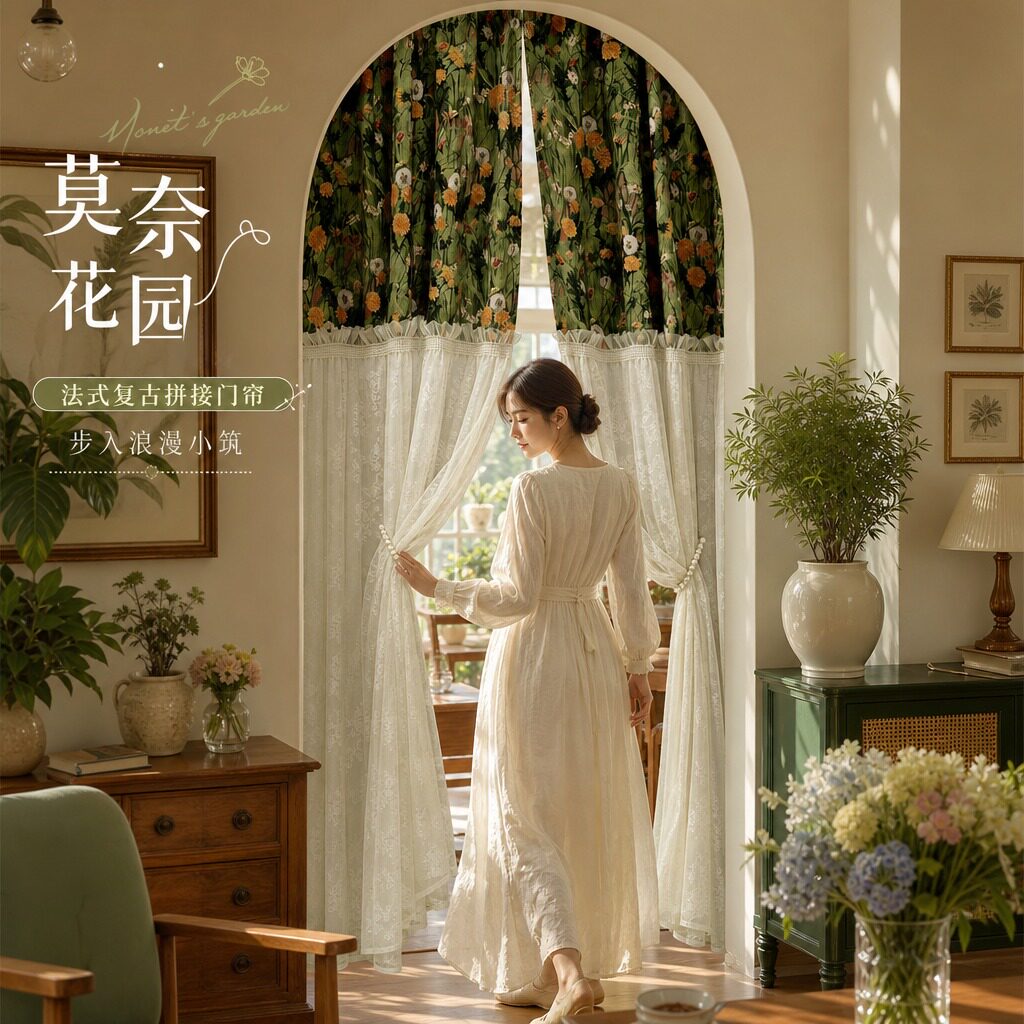法式蕾丝门帘双层纱拱形门装饰帘图片