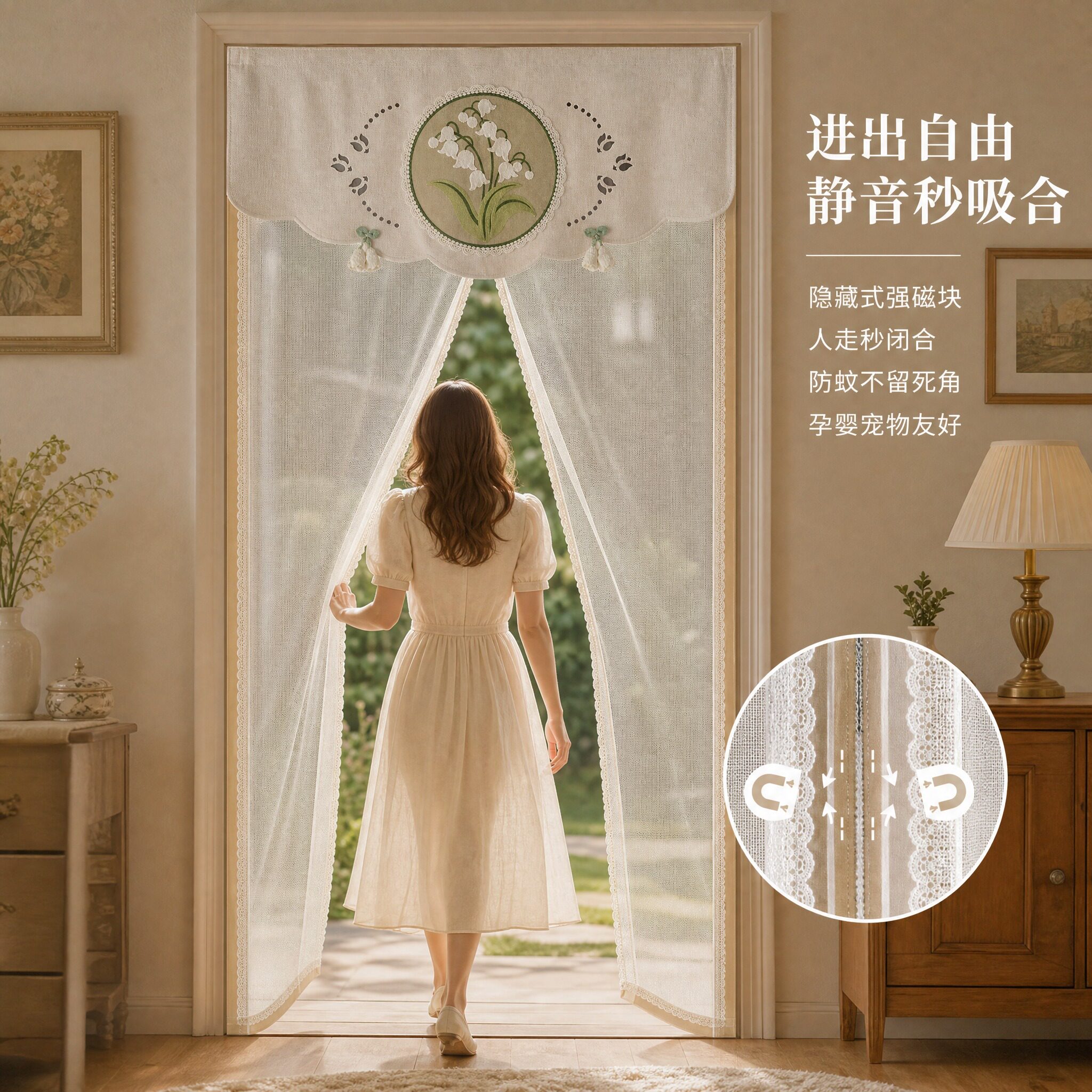 新款防蚊门帘夏季魔术贴磁性自吸纱门法式刺绣家用全磁条纱窗门帘