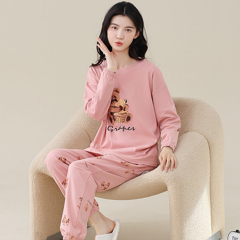 2025新款女士睡衣春秋款纯棉布料长袖秋天100%全棉圆领休闲家居服