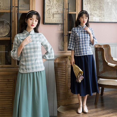 新中式旗袍连衣裙套装女民国风学生表演改良版现代汉服两件套夏