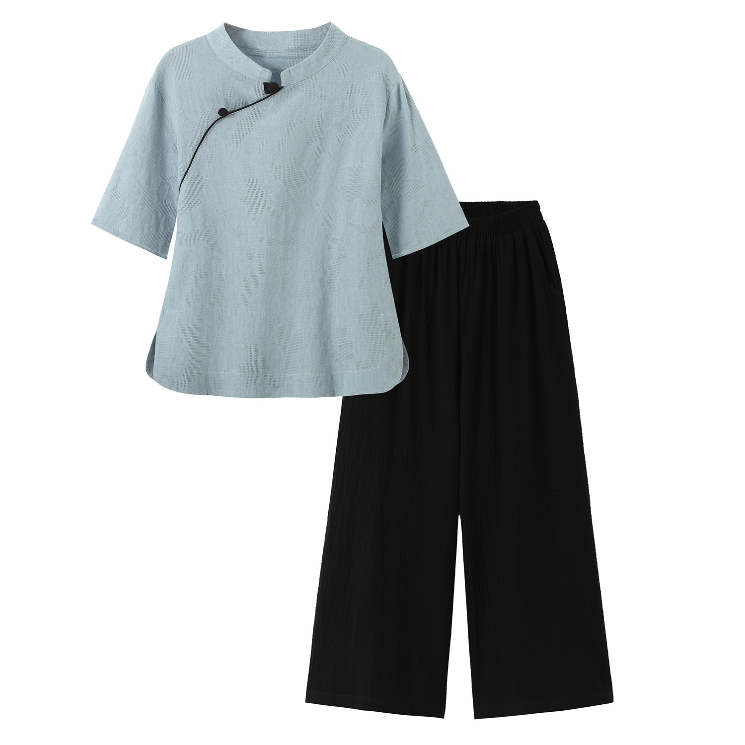 实价！中国风复古棉麻上衣女夏中式立领短袖茶服阔腿裤禅意套装