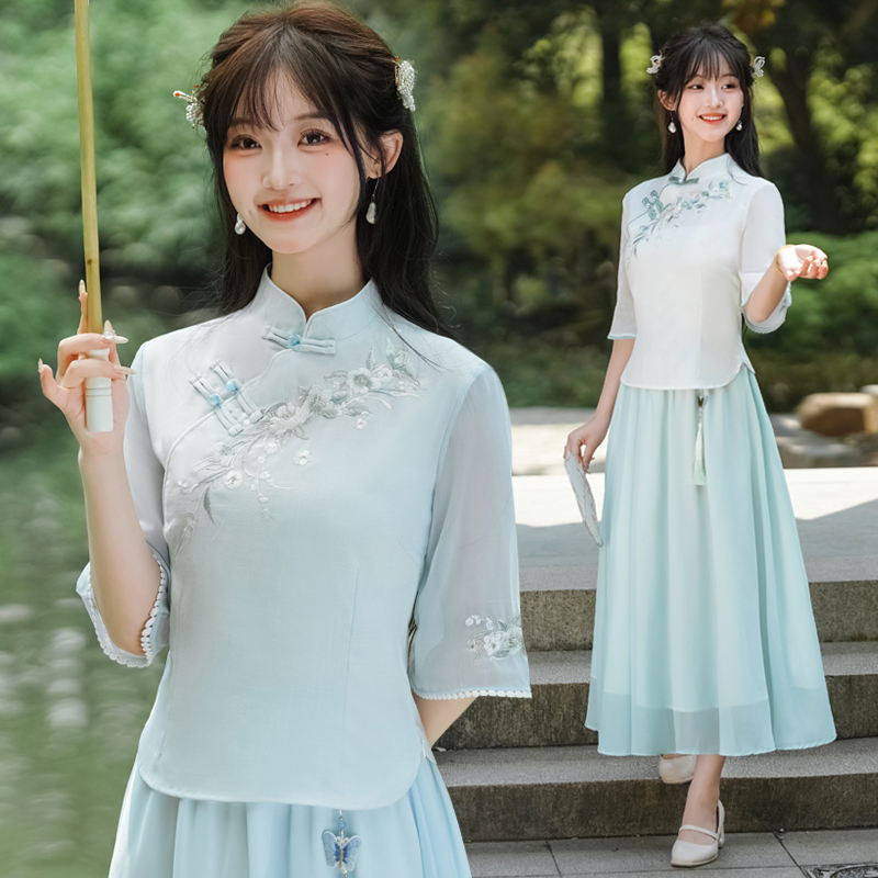 民国风学生汉服女装夏季新中式改良旗袍上衣雪纺裙套装采耳师茶服