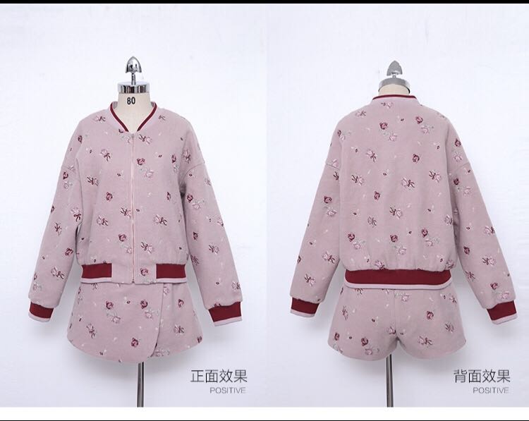 秋冬新款毛呢精致花朵刺绣棒球服外套粉色套装女