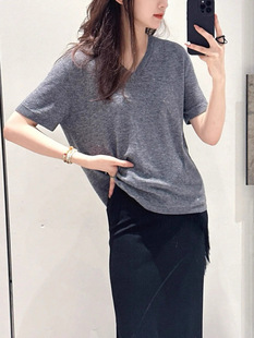 春夏洛特新款时尚百搭V领珠片短袖针织衫女宽松显瘦上衣